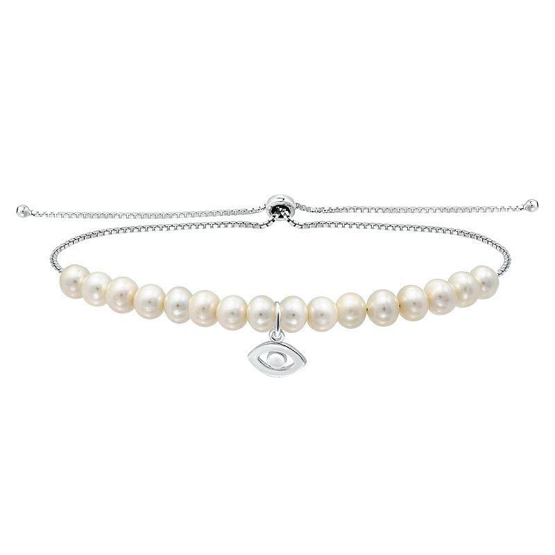 Aleure Precioso Sterling Silver Freshwater Cultured Pearl Evil Eye Charm Adjustable Bracelet, Womens Silver Tone Product Image