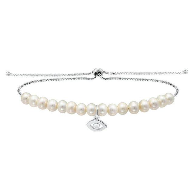 Aleure Precioso Sterling Silver Freshwater Cultured Pearl Evil Eye Charm Adjustable Bracelet, Womens Product Image