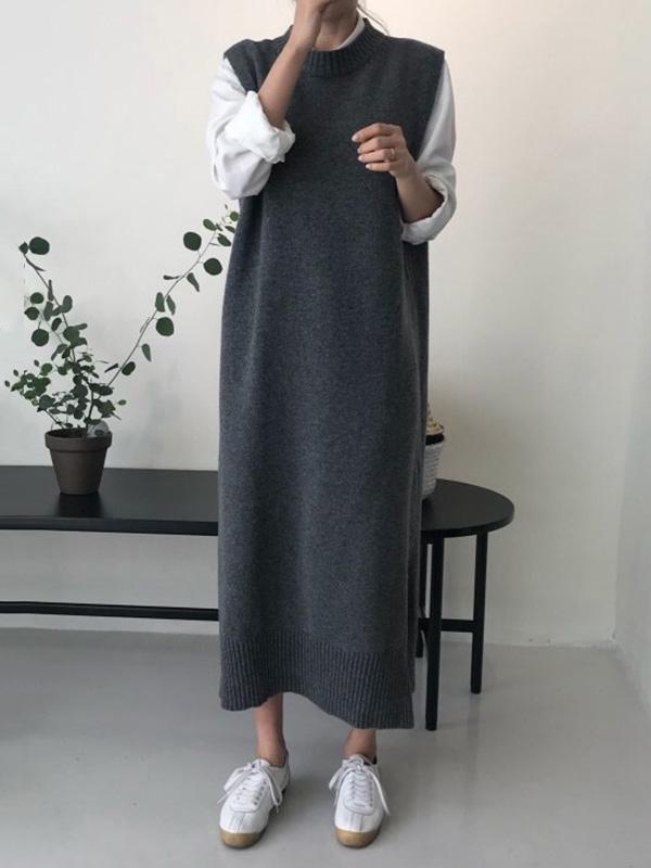 Urban Loose Sleeveless Solid Color Round-Neck Midi Dresses Sweater Dresses Product Image