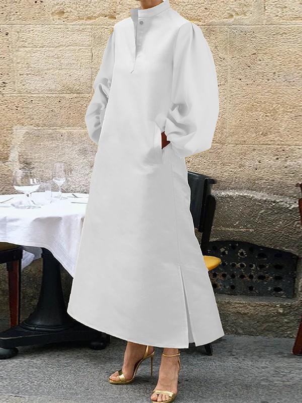 A-Line Long Sleeves Buttoned Pleated Pockets Solid Color Split-Side Stand Collar Midi Dresses Product Image