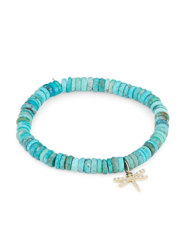 Womens 14K Yellow Gold, Turquoise, & Diamond Dragonfly Charm Bracelet Product Image