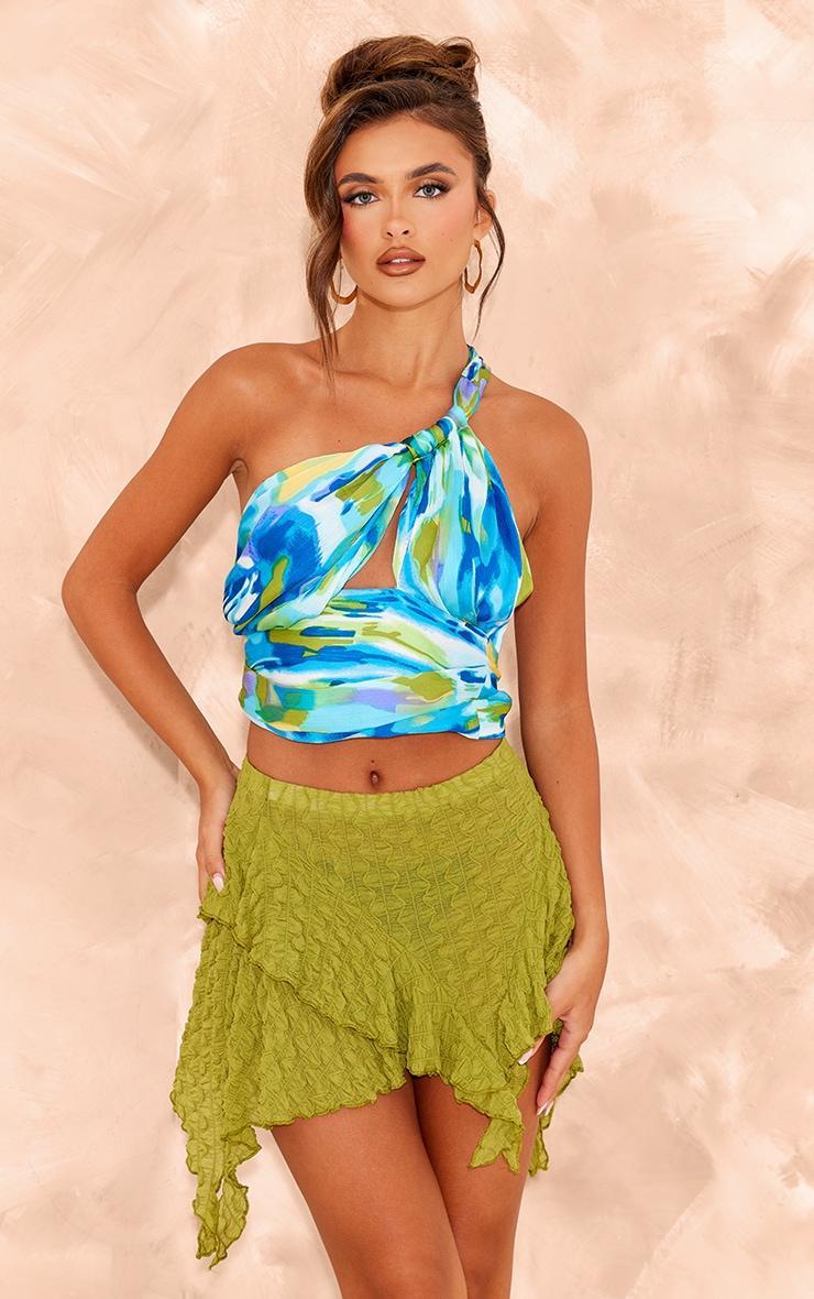 Blue Printed Cut Out Asymmetric Crop Top Product Image