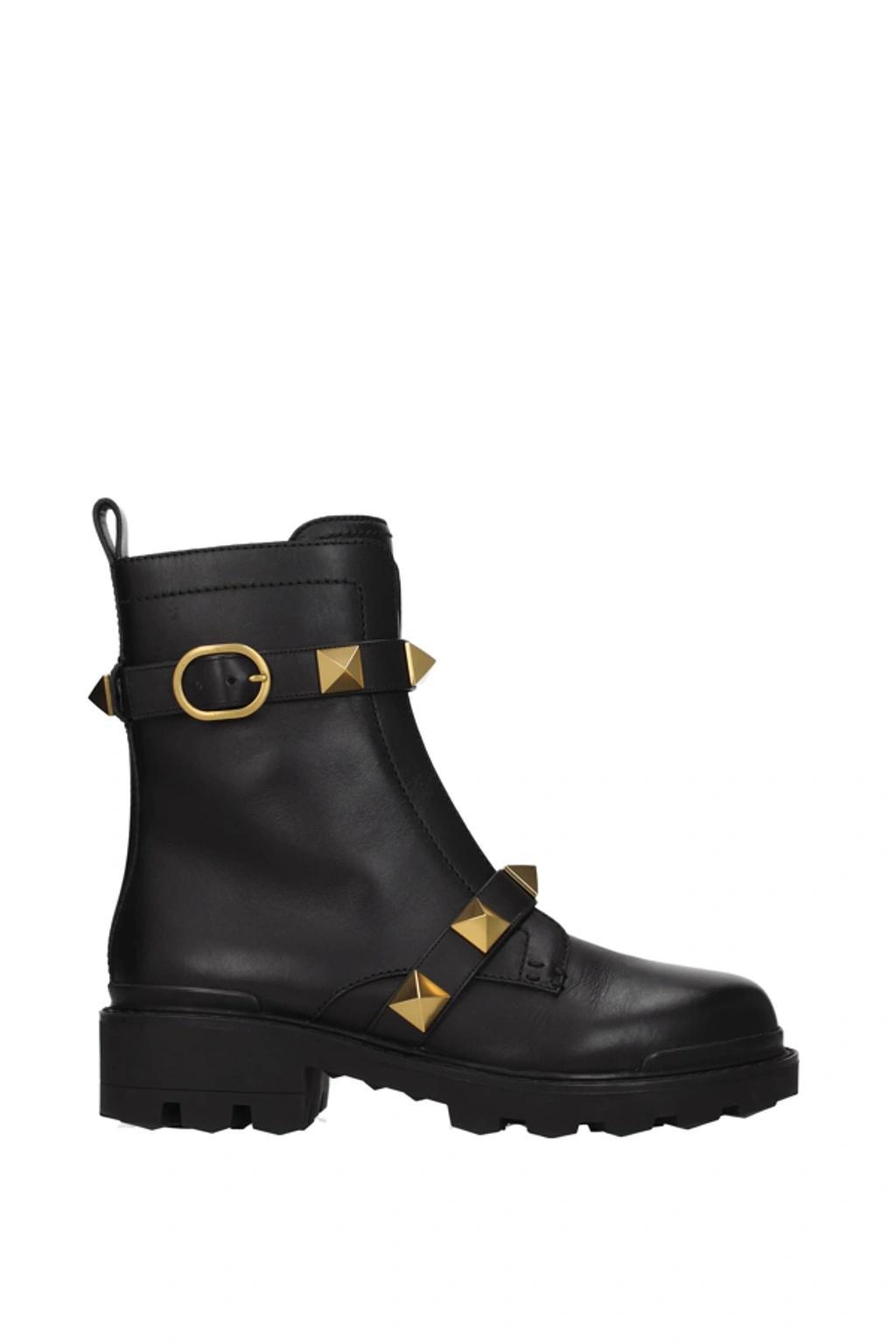 Combat Black Leather Boots With Antique Brass Studs In Nero Product Image