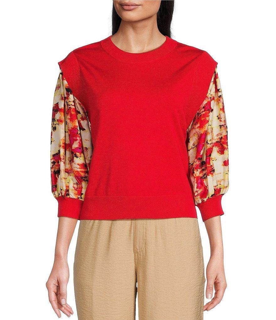 DKNY by Donna Karan Mixed Media Printed Satin 3/4 Sleeve Ribbed Hem Crew Neck Knit Top Product Image