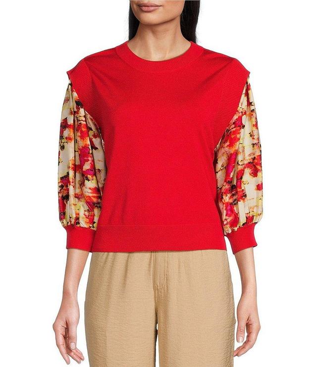 DKNY Mixed Media Printed Satin 3/4 Sleeve Ribbed Hem Crew Neck Knit Top Product Image