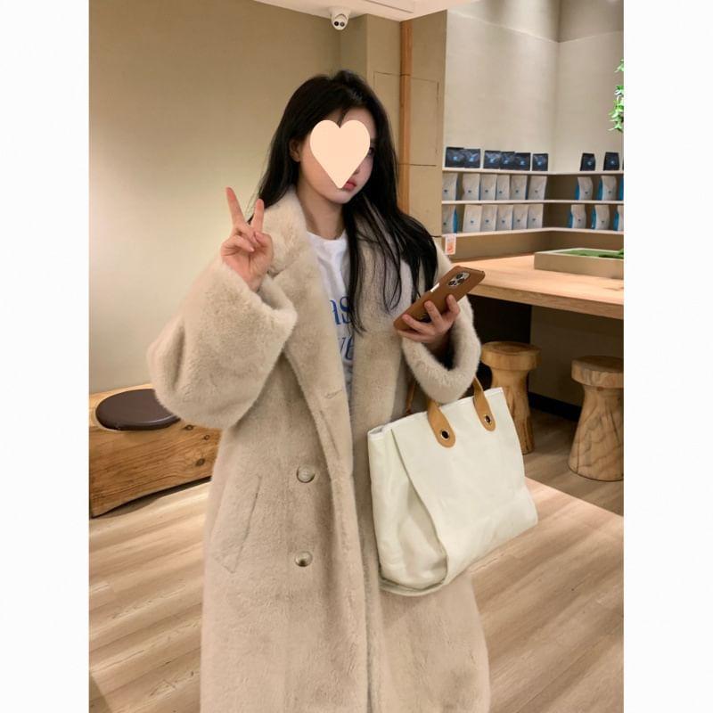 Plain Faux Fur Midi Double-Breasted Coat Product Image