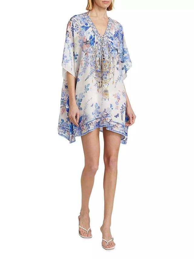 Embellished Floral Silk Lace-Up Caftan Product Image