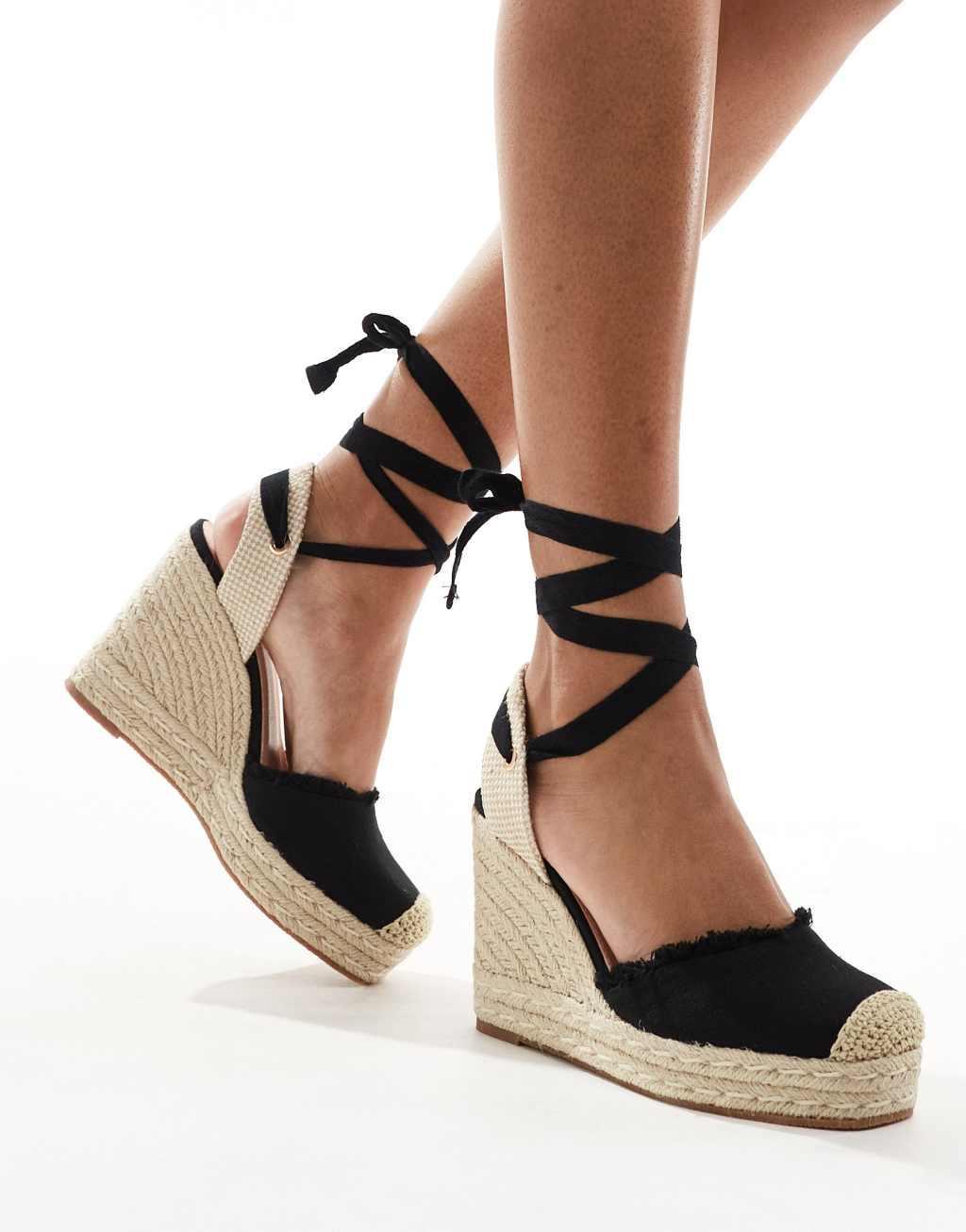 Truffle Collection jute wedge strappy espadrilles in black Product Image