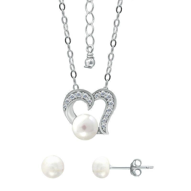 Aleure Precioso 18k Gold Over Silver Heart Shaped Cubic Zirconia & Freshwater Cultured Pearl Pendant Necklace & Stud Earrings Set, Womens Sterling Silver White Product Image