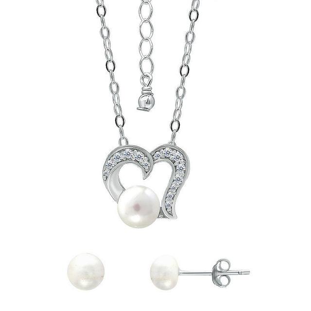 Aleure Precioso 18k Gold Over Silver Heart Shaped Cubic Zirconia & Freshwater Cultured Pearl Pendant Necklace & Stud Earrings Set, Womens Sterling Silver White Product Image