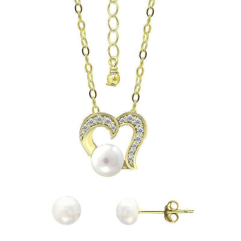 Aleure Precioso 18k Gold Over Silver Heart Shaped Cubic Zirconia & Freshwater Cultured Pearl Pendant Necklace & Stud Earrings Set, Womens Gold Tone White Product Image