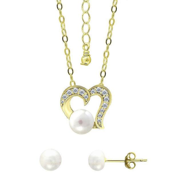 Aleure Precioso 18k Gold Over Silver Heart Shaped Cubic Zirconia & Freshwater Cultured Pearl Pendant Necklace & Stud Earrings Set, Womens Gold Tone White Product Image