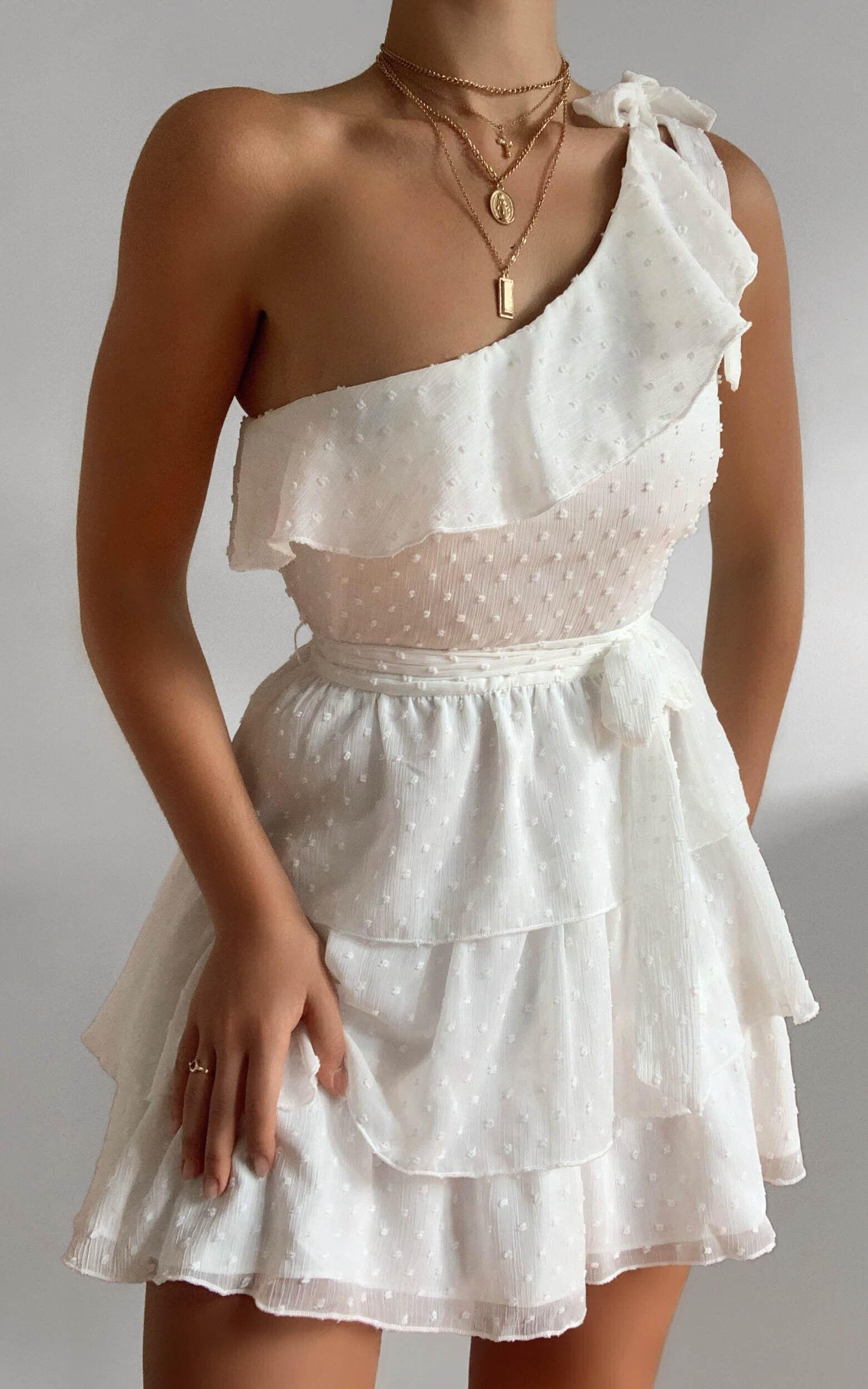 Darling I Am A Daydream Mini Dress - One Shoulder Ruffle Dress in White Product Image