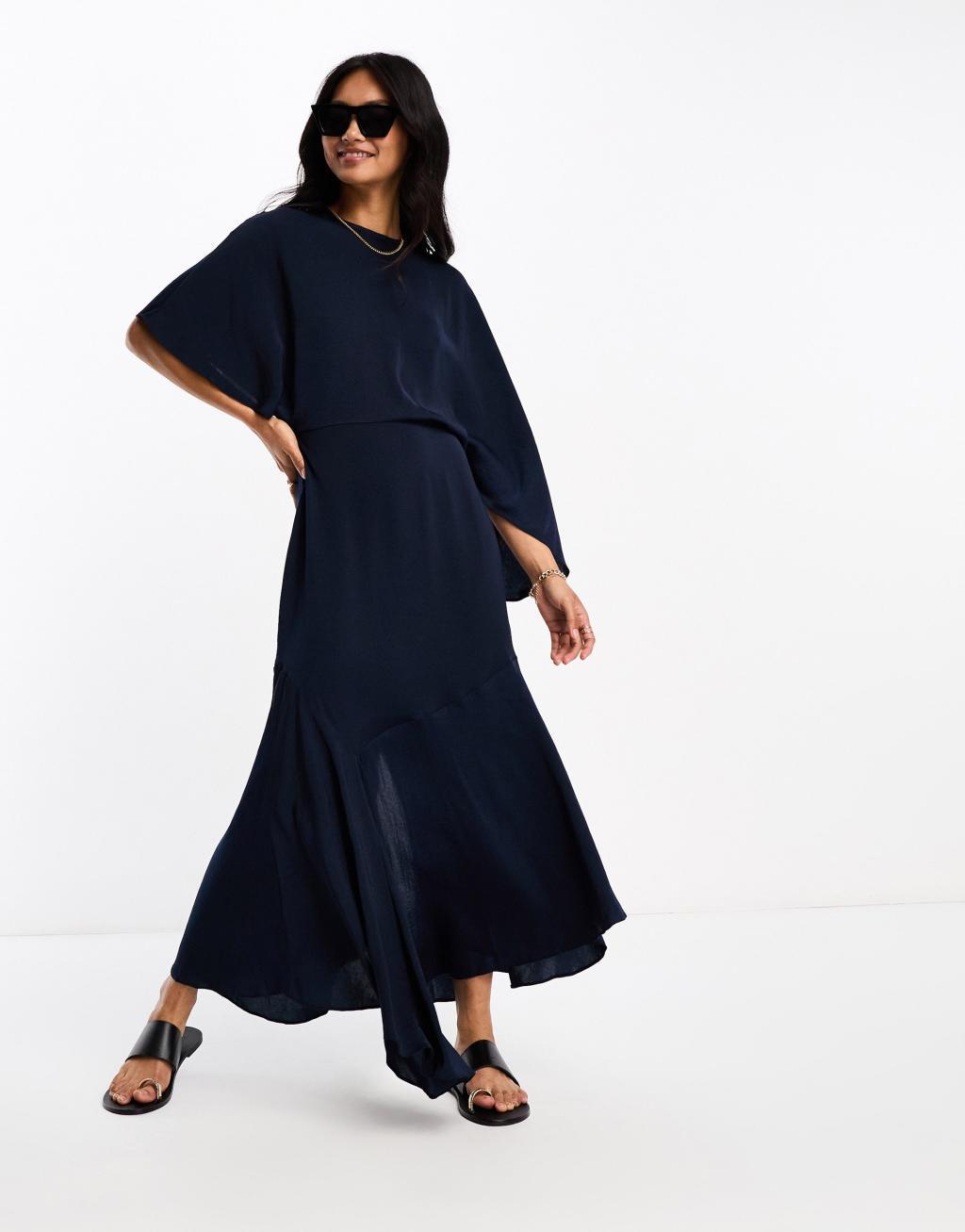 ASOS DESIGN satin flutter sleeve asymmetric hem midi dress in navy Product Image