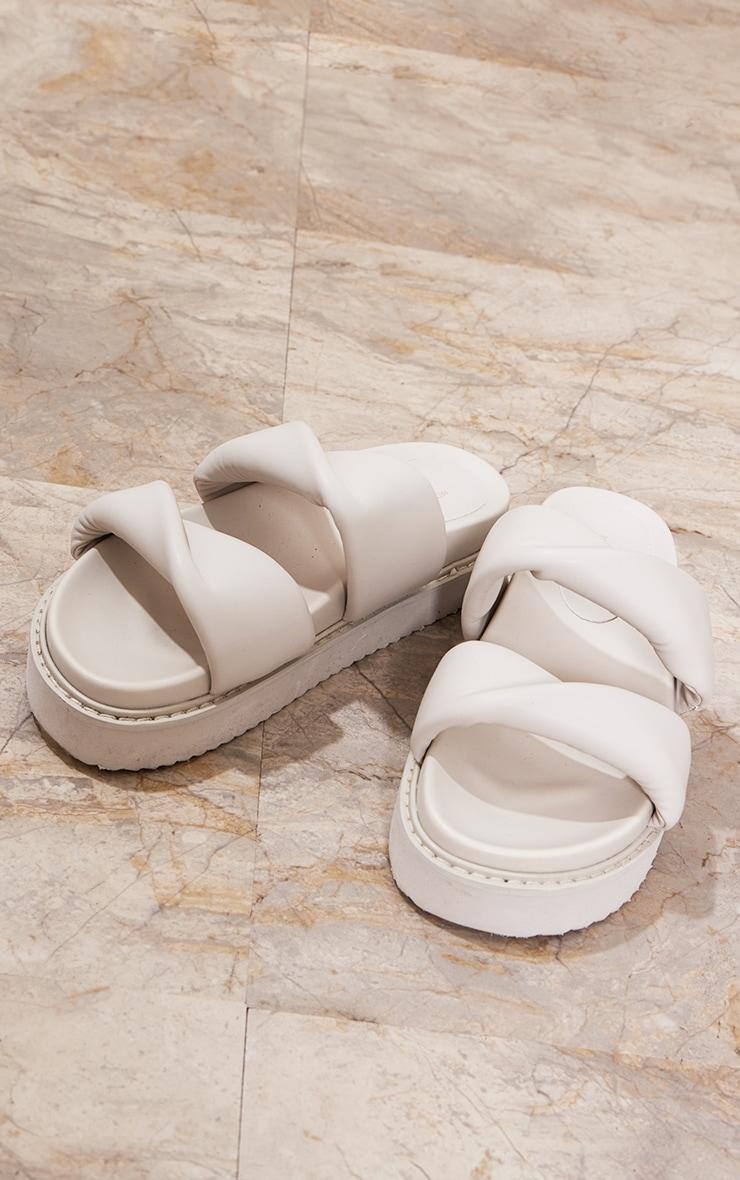 Cream PU Round Toe Twisted Strap Footbed Flat Sandals Product Image