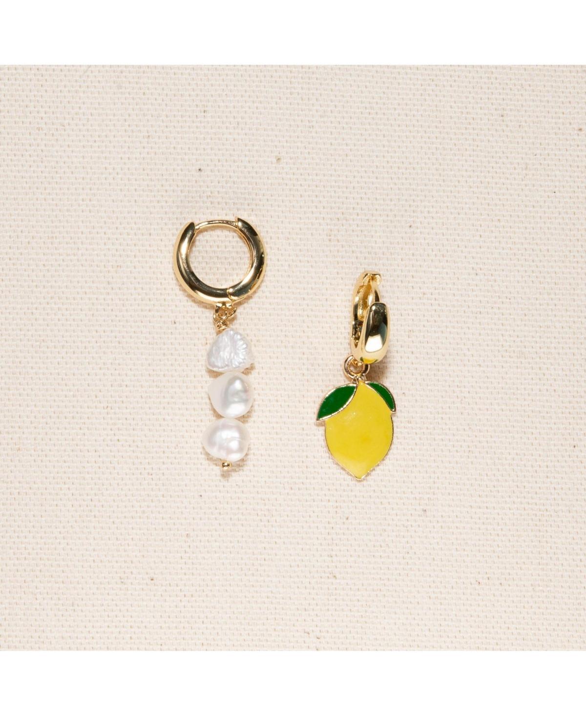 18k Gold Plated Huggies Freshwater Pearls with a Yellow and Green Lemon Charm - Lemonade Earrings For Women Product Image