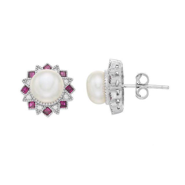 Sterling Silver Freshwater Cultured Pearl, Lab-Created Ruby & White Sapphire Stud Earrings, Womens Product Image