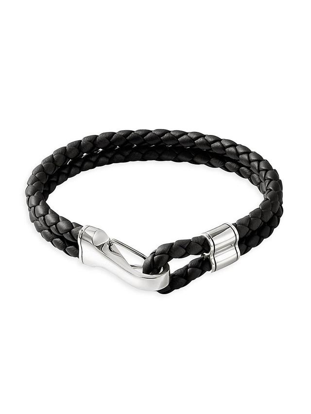 Mens Braided Leather & Sterling Silver Double Row Bracelet Product Image