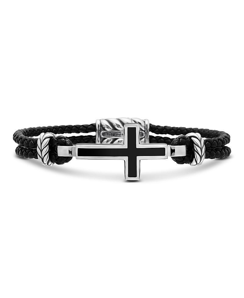 David Yurman Mens Exotic Stone Cross Bracelet in Black Leather with Sterling Silver and Black Onyx, 3mm Product Image