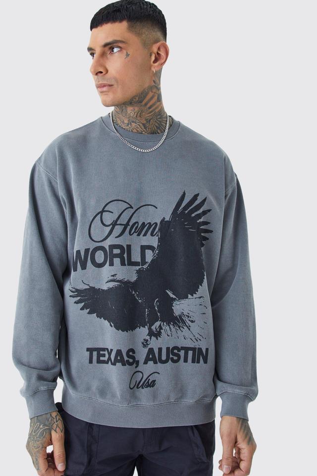 Tall Oversized Overdyed Homme Bird Print Graphic Sweatshirt | boohooMAN USA Product Image