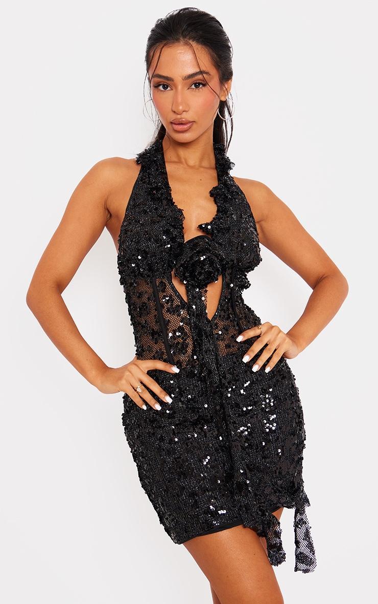 Petite Black Sequin Mini Dress With Rose Detail Product Image