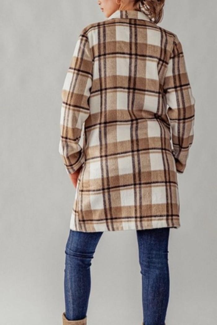 Open Front Long Flannel Plaid Coat Product Image