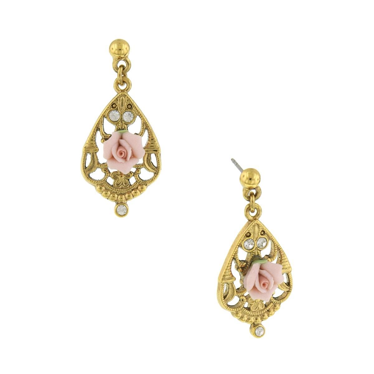 1928 Pink Porcelain Rose & Simulated Crystal Drop Earrings, Womens Product Image