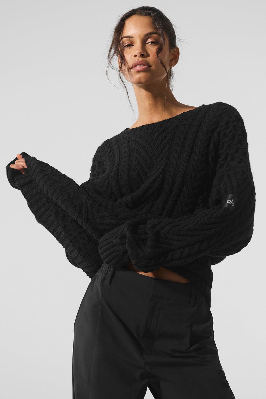 Cable Knit Crew Neck Sweater - Black Female Product Image