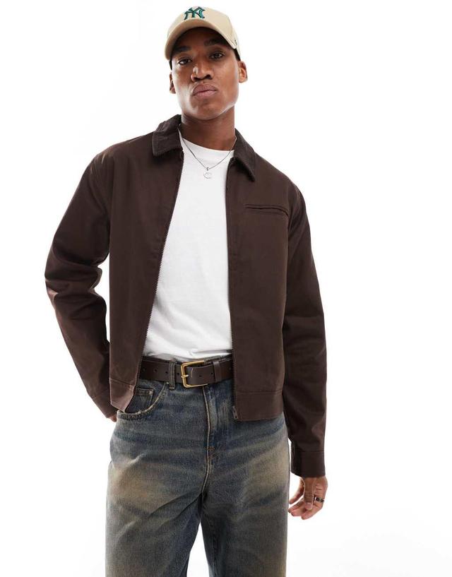 ASOS DESIGN oversized harrington jacket with cord collar in brown Product Image