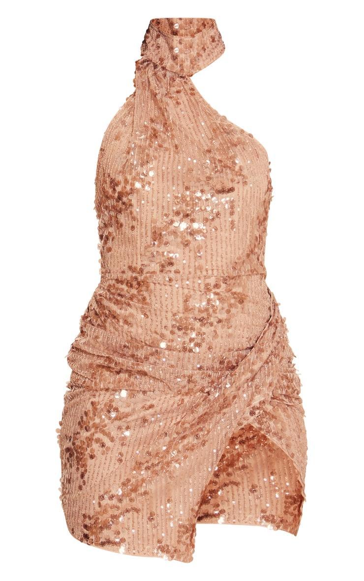 Rose Gold Sequin Halterneck Ruched Detail Bodycon Dress Product Image