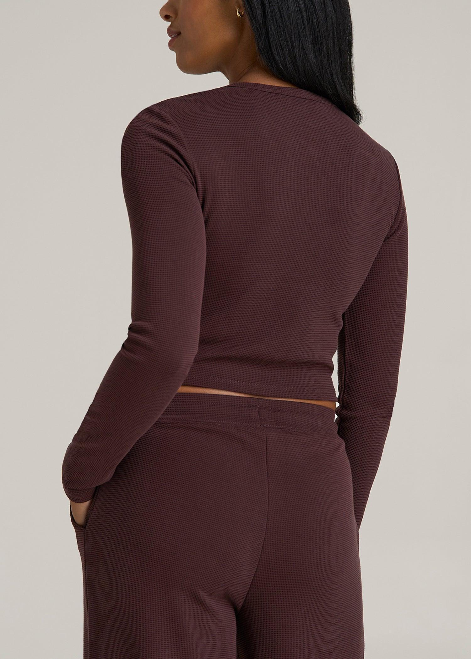 Cropped Long Sleeve Waffle Shirt for Tall Women in Oxblood Female Product Image