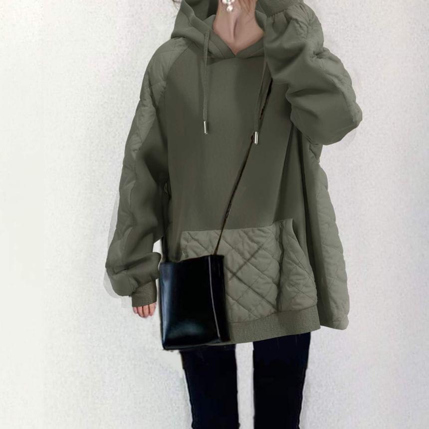 Quilted Panel Drawstring Oversized Hoodie Product Image