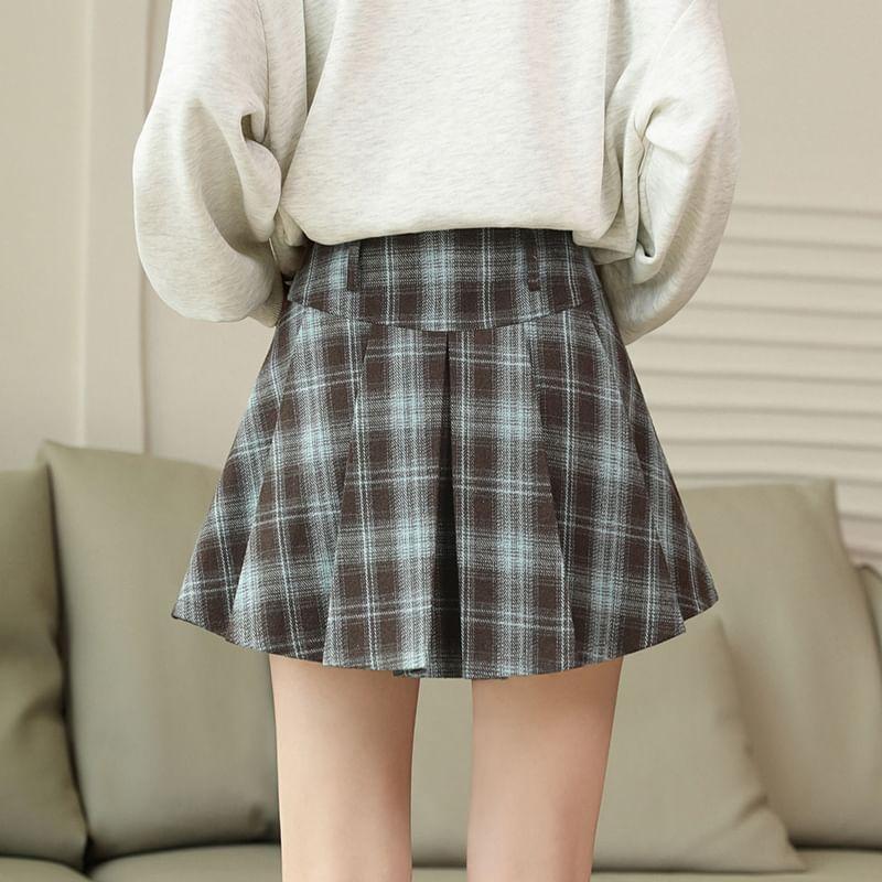 High Waist Plaid Mini A-Line Pleated Skirt Product Image