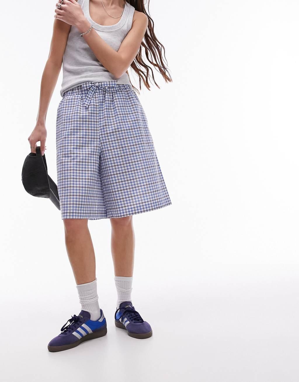 Topshop check awkward length short in blue Product Image