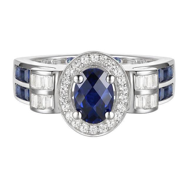 Sterling Silver Lab-Created Blue & White Sapphire Oval Halo Ring, Womens Product Image