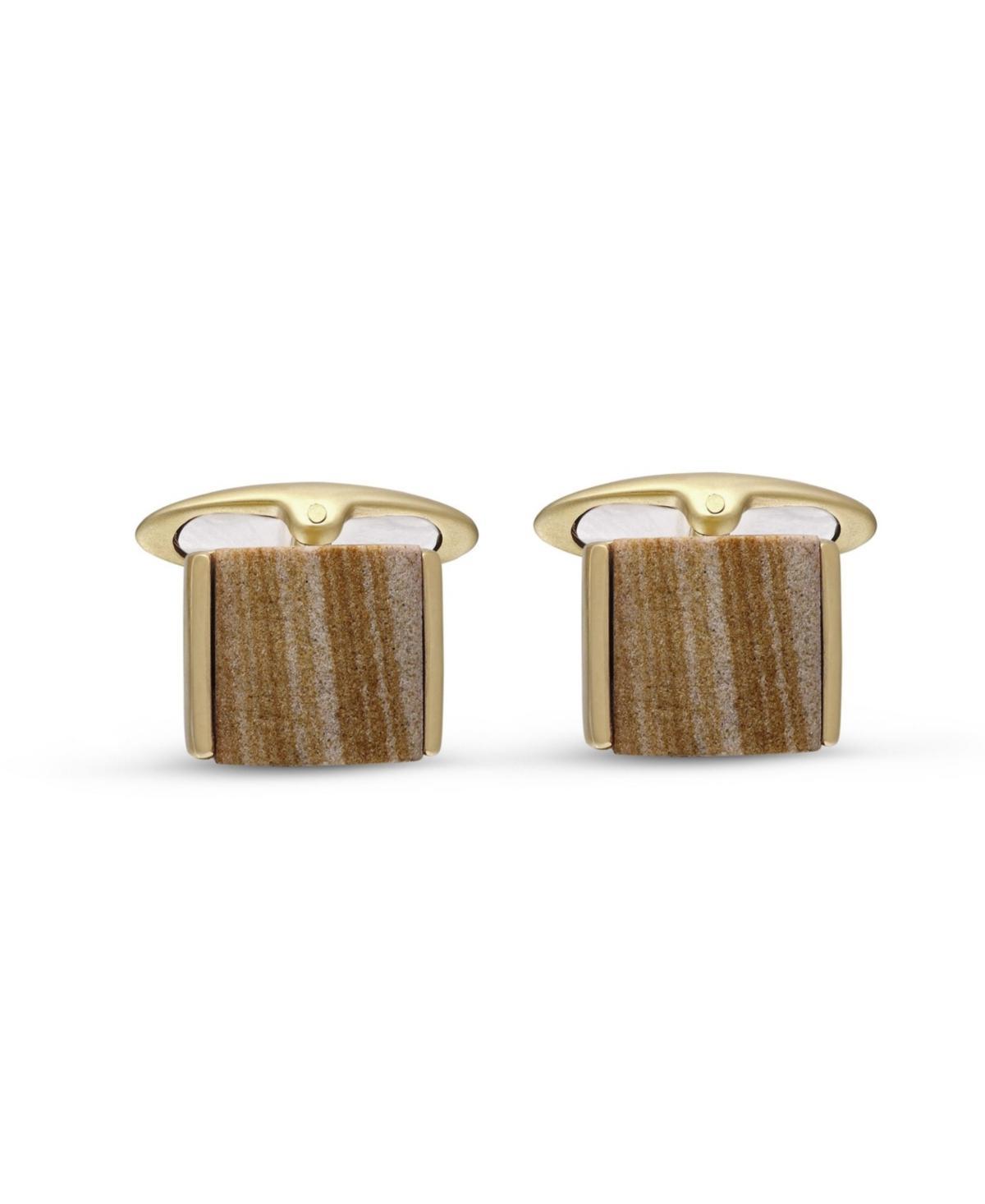 LuvMyJewelry Wood Jasper Gemstone Yellow Gold Plated Sterling Silver Men Cufflinks - Yellow Product Image