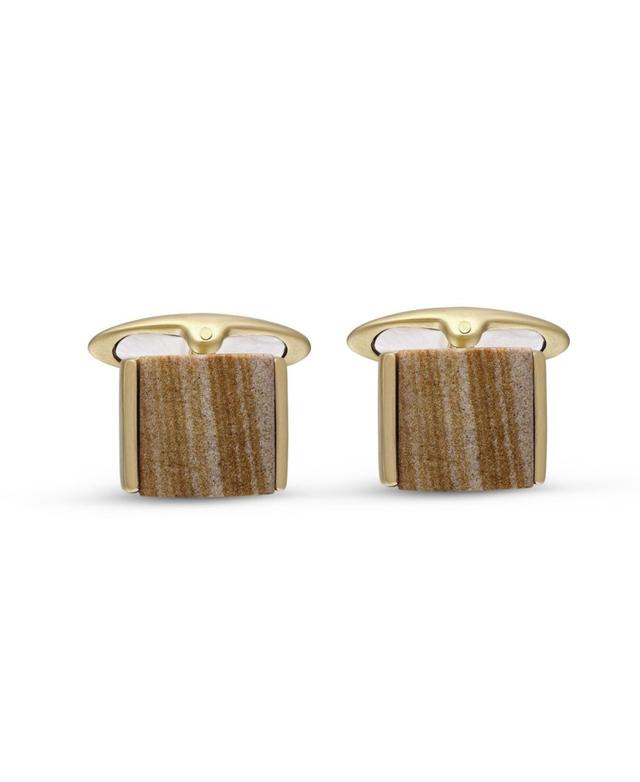 LuvMyJewelry Wood Jasper Gemstone Yellow Gold Plated Sterling Silver Men Cufflinks - Yellow Product Image