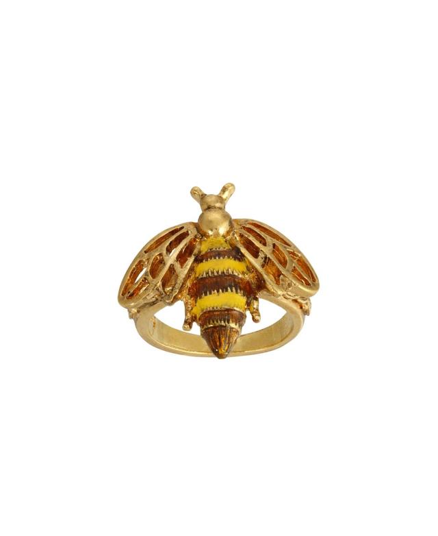 1928 Gold Tone Yellow & Brown Enamel Bee Ring - Size 8, Womens Product Image