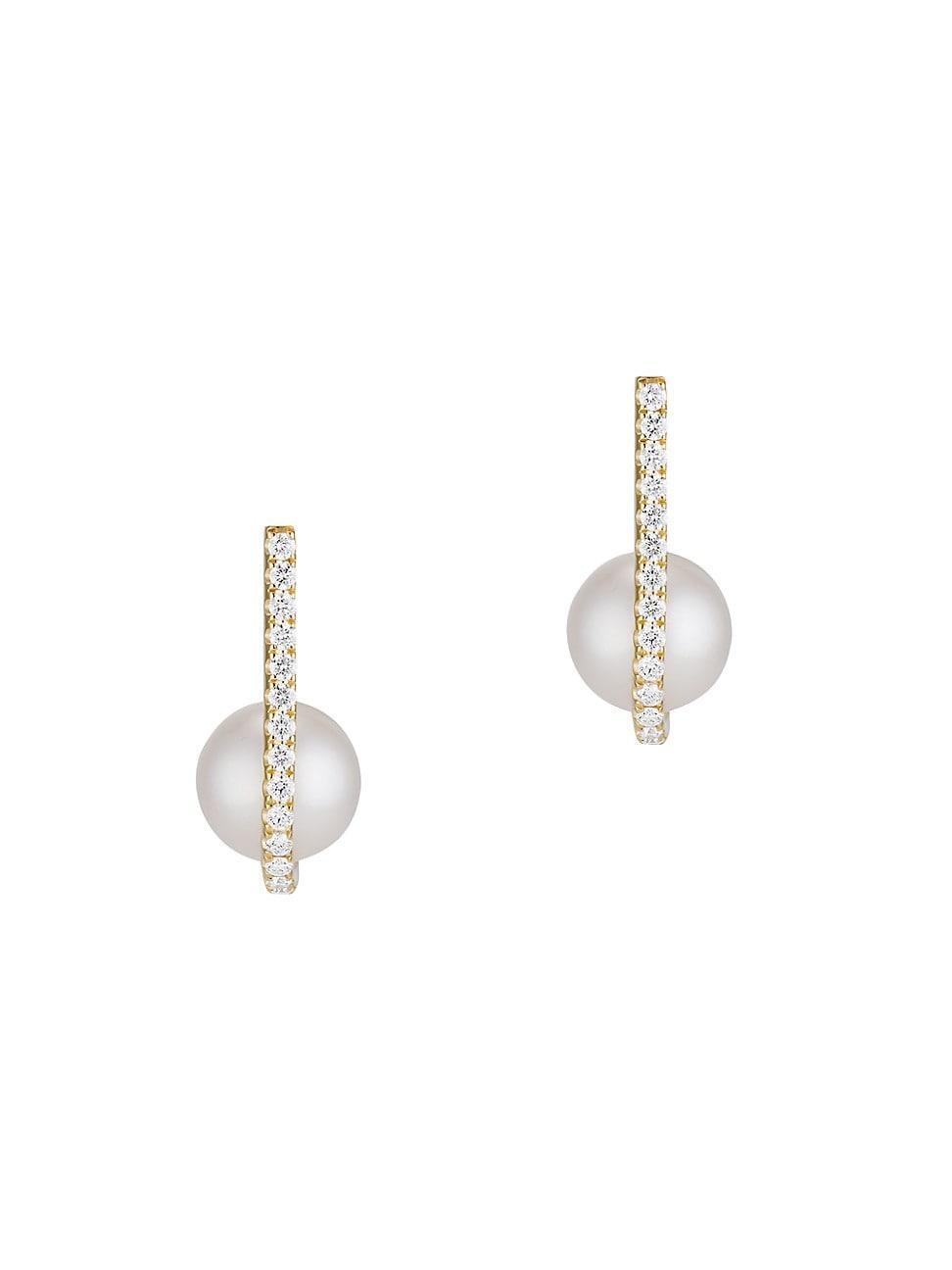 Womens 18K Yellow Gold, Pearl & 0.50 TCW Diamond Tuck Stud Earrings Product Image