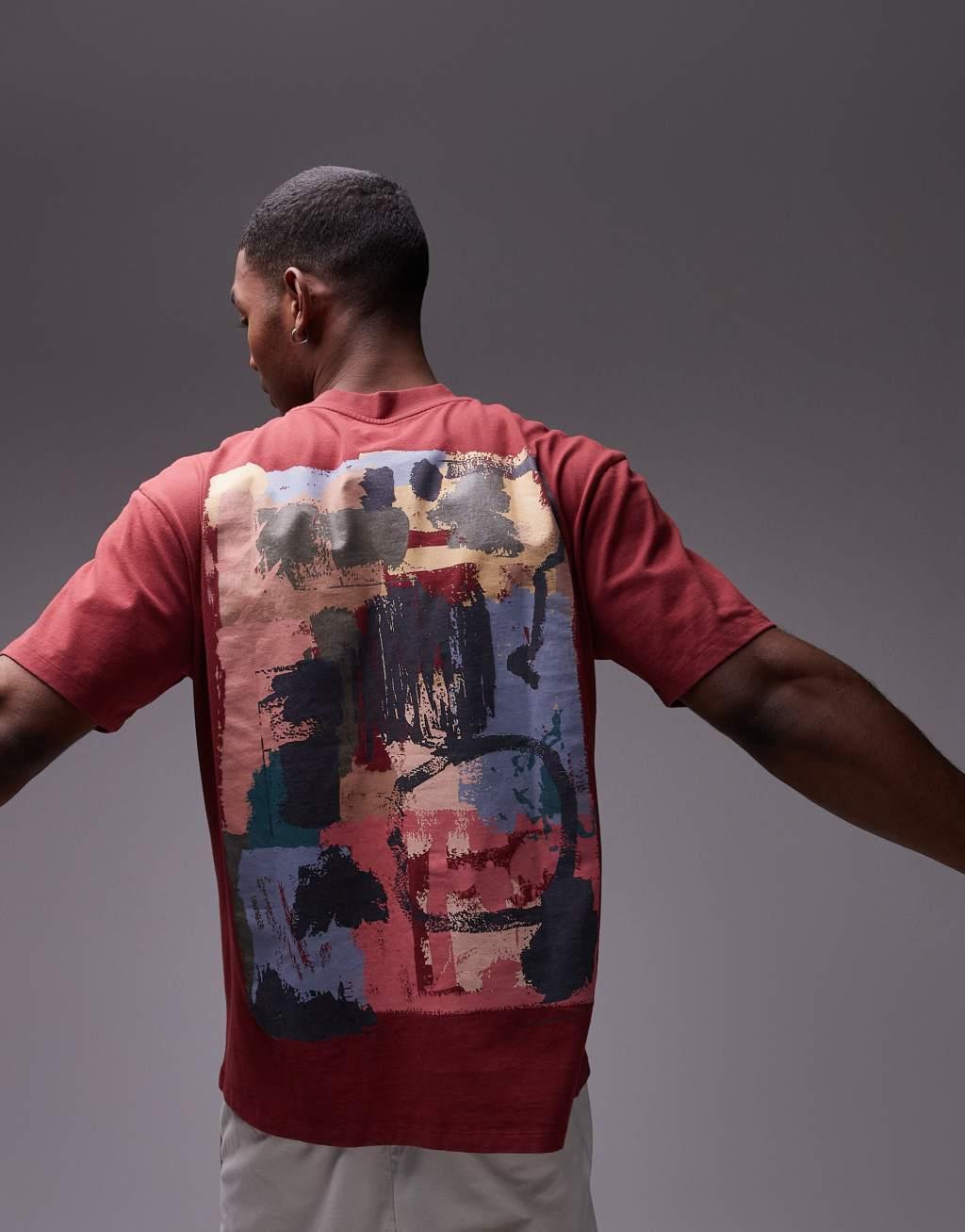 Topman oversized fit T-shirt with front and back painted mark making print in washed burgundy Product Image