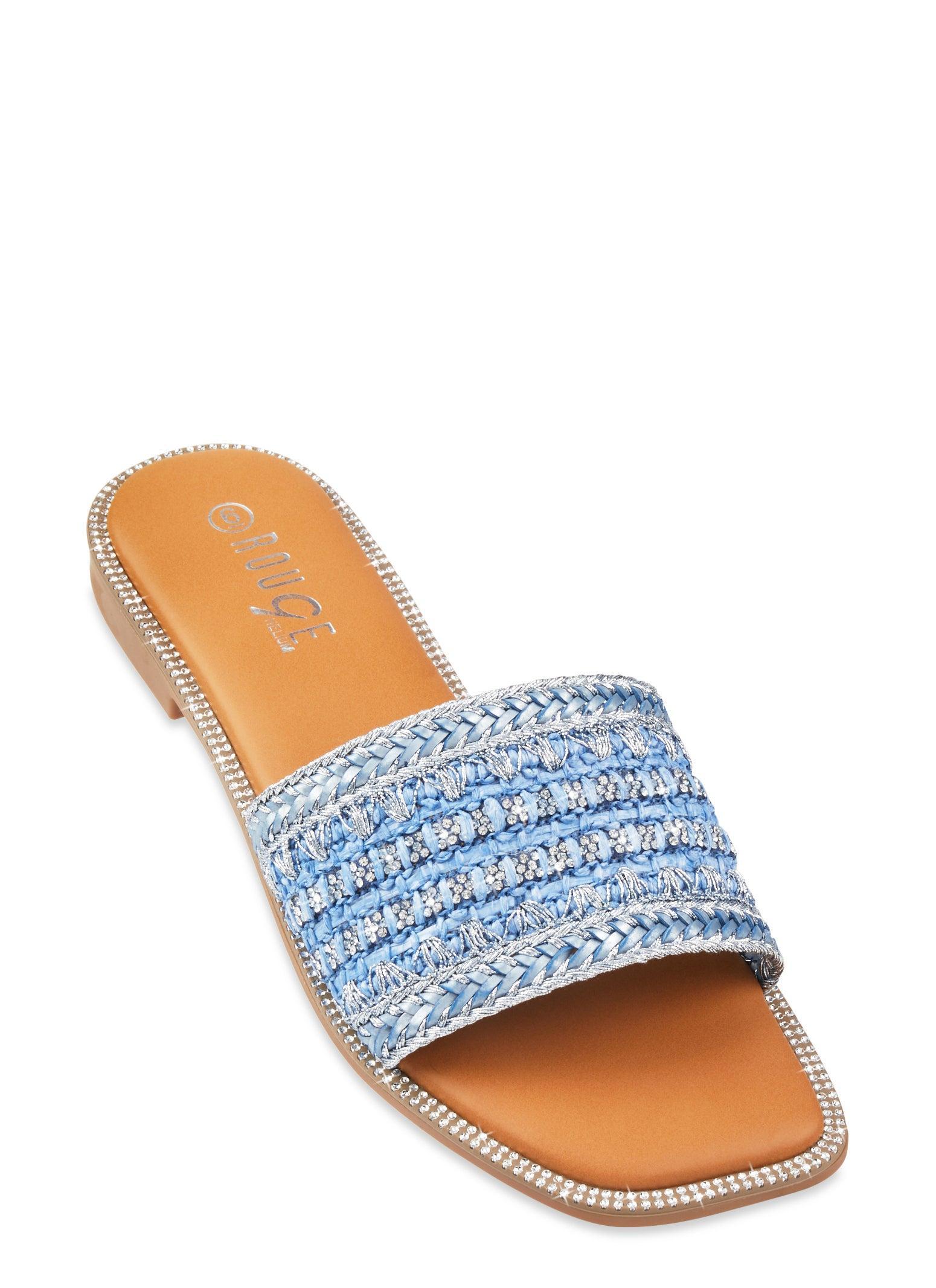 Womens Woven Rhinestone Band Slide Sandals Product Image