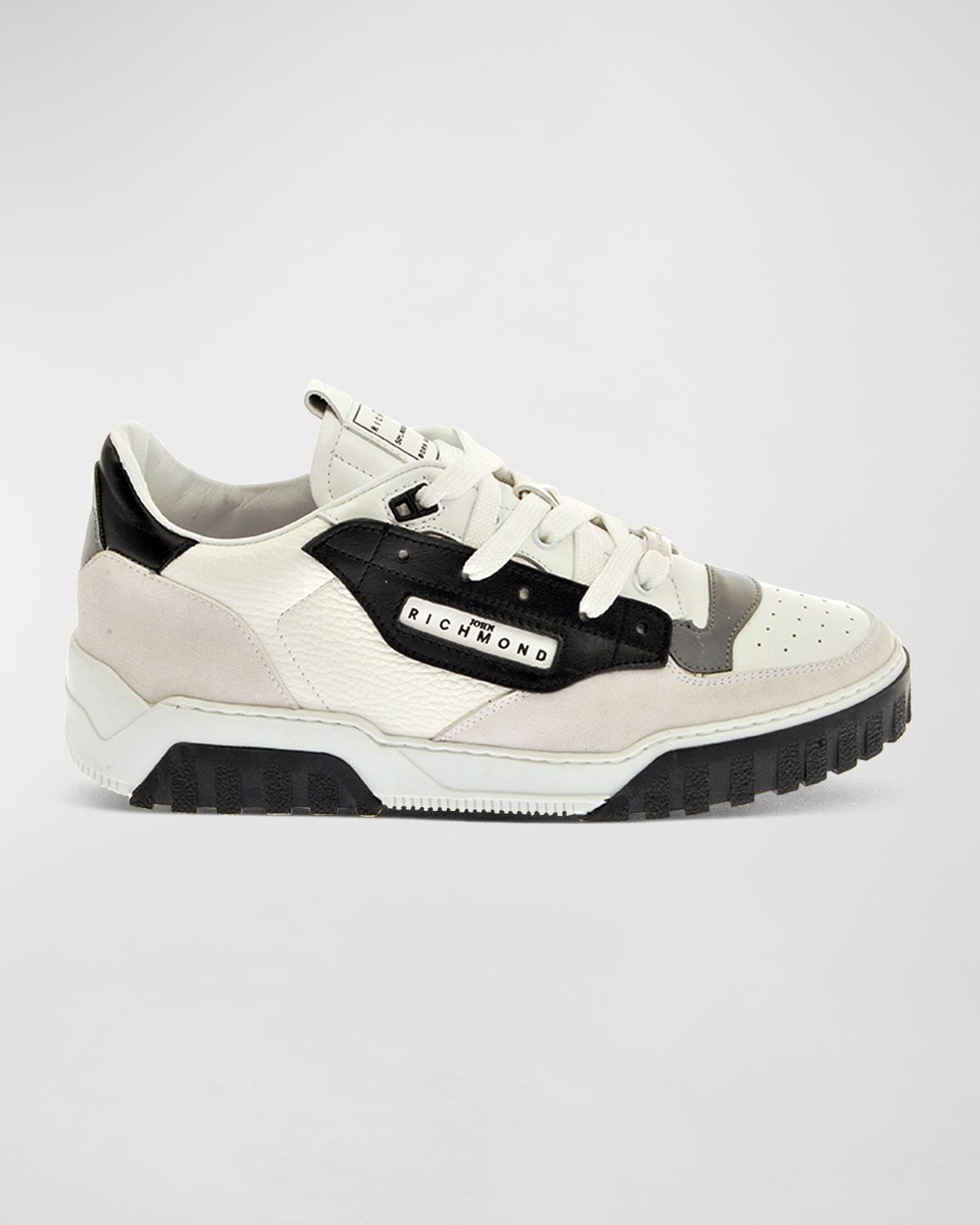 John Richmond Men's Leather-Suede Low-Top Sneakers - Size: 41 EU (8D US) - WHITE/BLACK Product Image