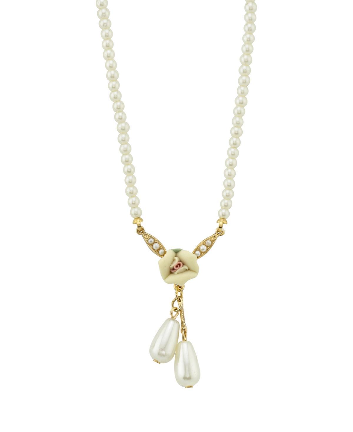 1928 Gold Tone Porcelain Rose and Faux Pearl Drop Necklace, Womens, White Product Image