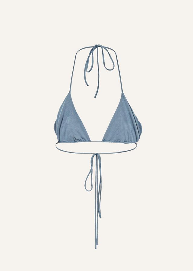 Floral strappy triangle bikini top in metallic light blue Product Image