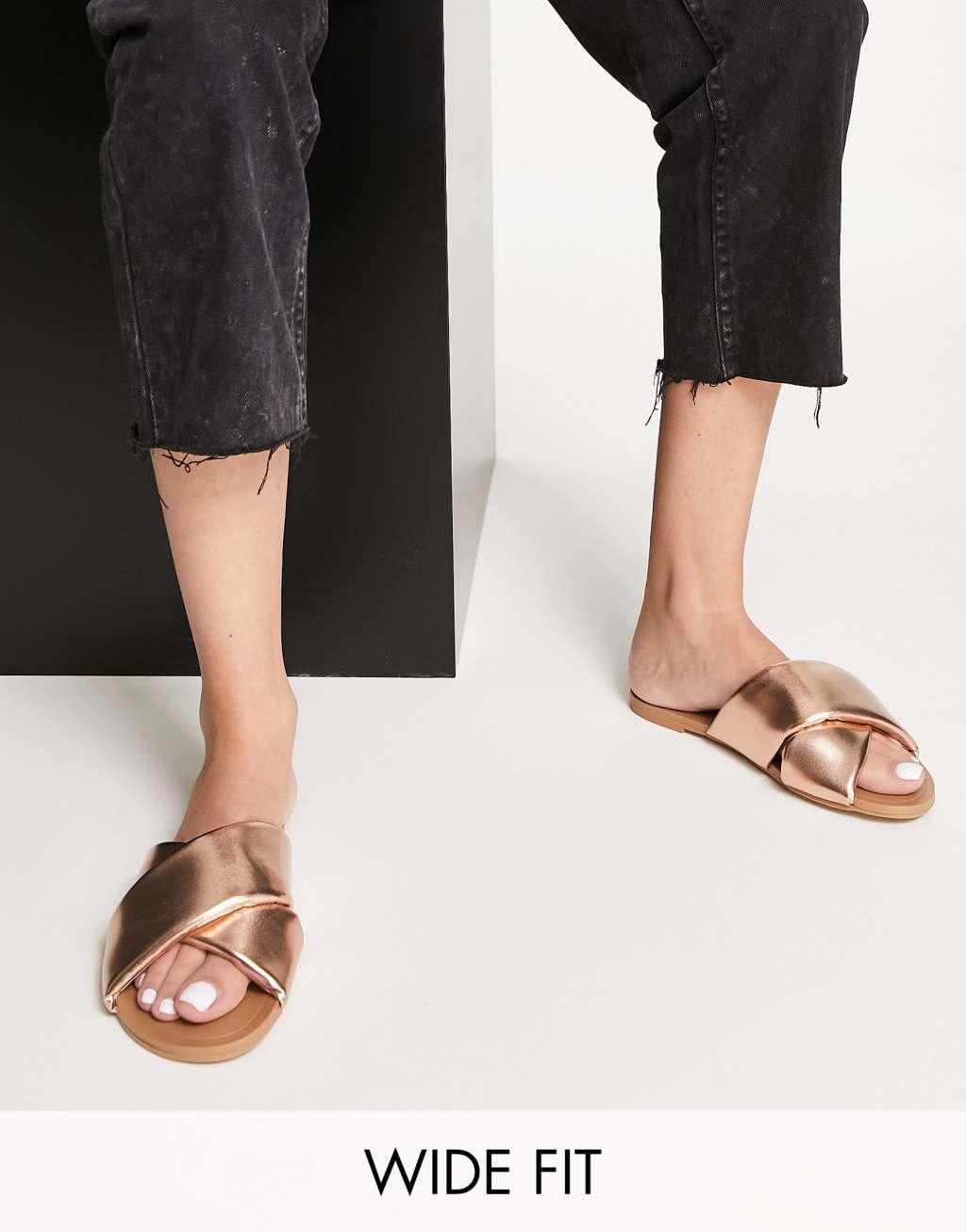 ASOS DESIGN Wide Fit Flock padded flat sandals in rose gold - ROSEGOLD Product Image