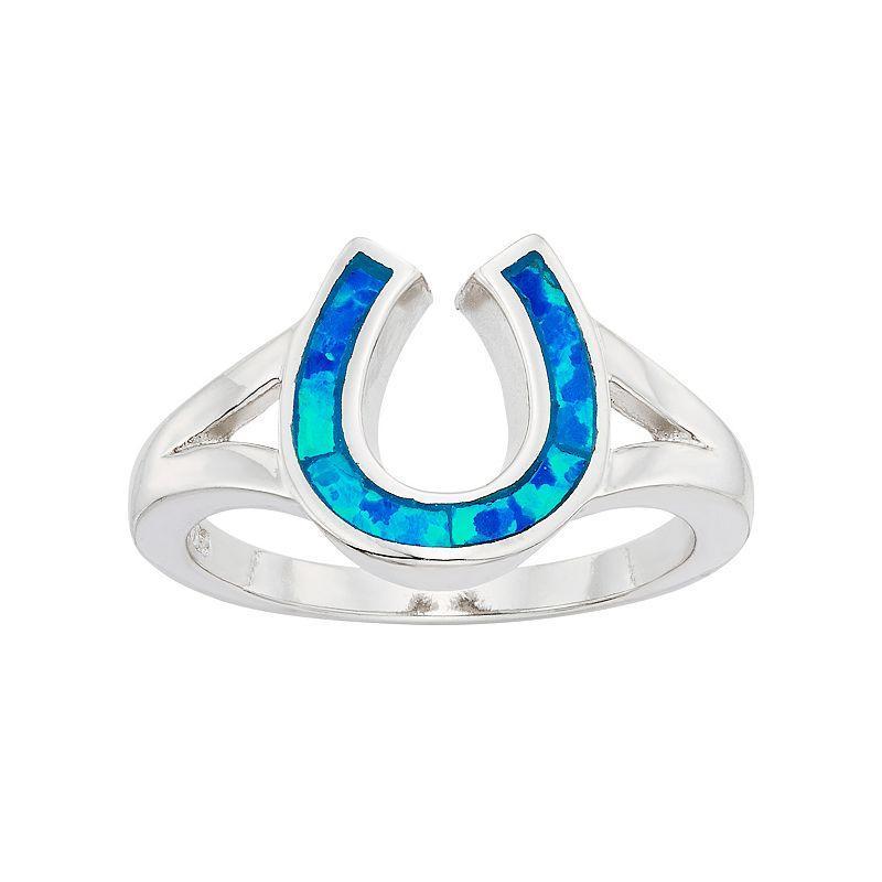 Lab-Created Blue Opal Sterling Silver Horseshoe Ring, Womens Product Image