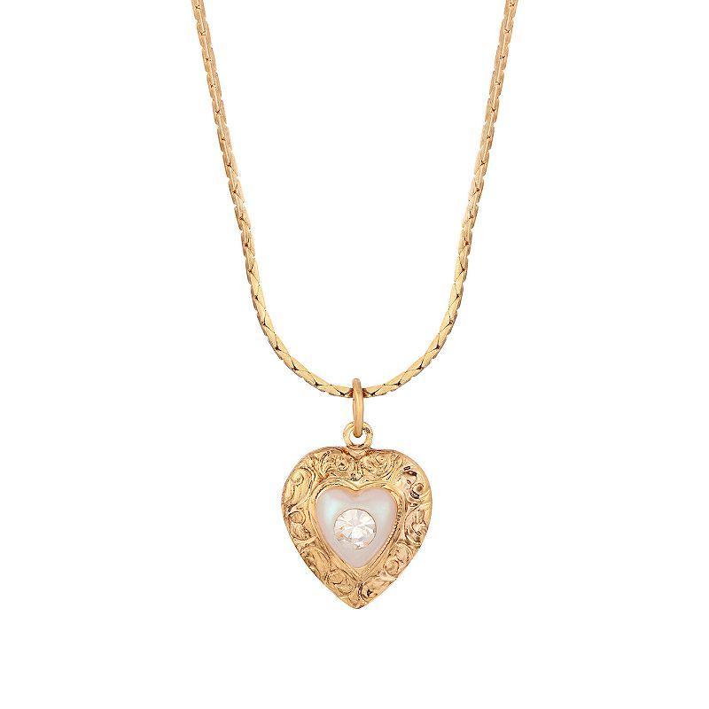 1928 Gold Tone Crystal Heart Necklace, Womens, White Product Image