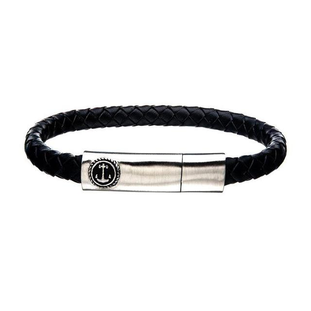 Mens Ion-Plated Stainless Steel Leather Anchor Bracelet Black Product Image