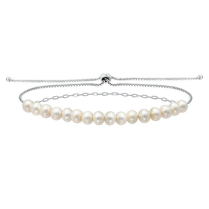 Aleure Precioso Sterling Silver Freshwater Cultured Pearl Paper Clip Chain Adjustable Bracelet, Womens Silver Tone Product Image