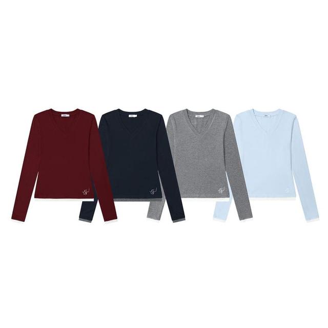 Long Sleeve V-Neck Plain Crop Tee Product Image